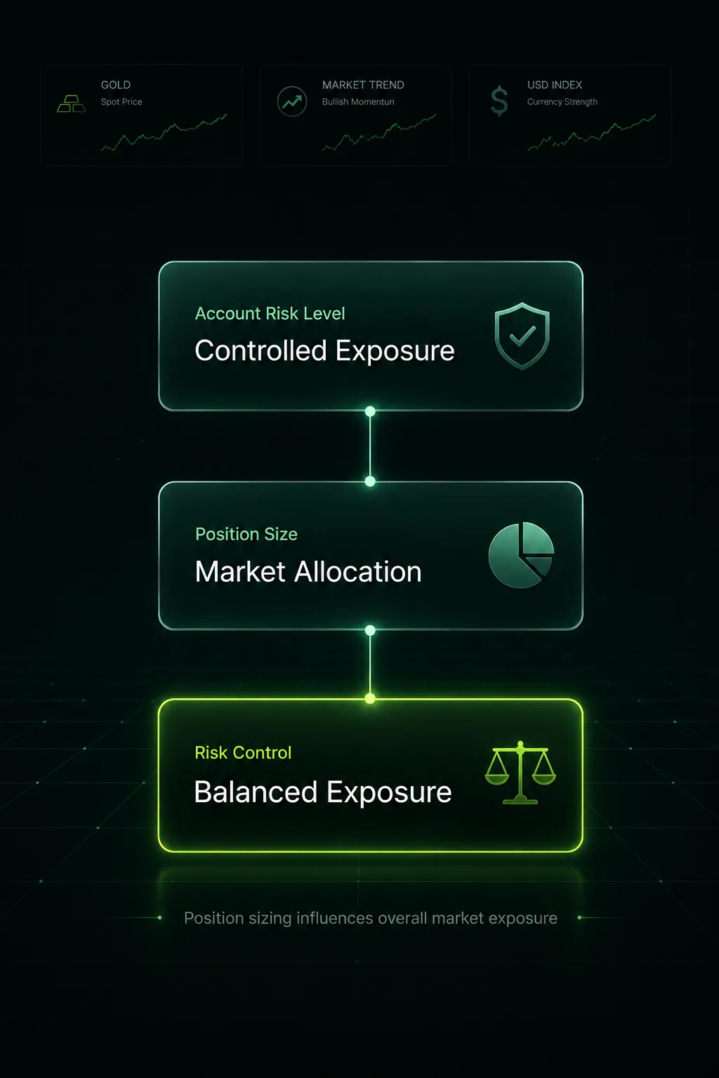 Position sizing and risk control concepts in gold trading infographic with market exposure analysis